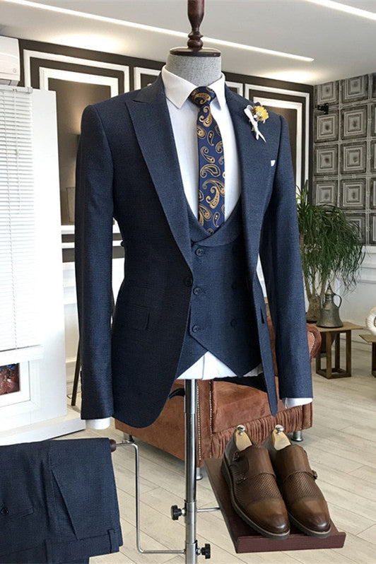 Edwiin Slate Gray Peaked Lapel Fancy Three Pieces Business Suits
