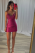 Fuchsia Spaghetti Straps Satin Tight Short Homecoming Dress with Beadings