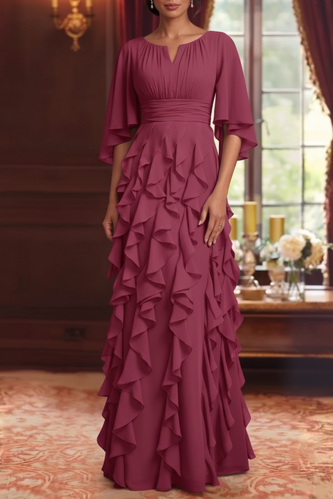 Fuchsia Chiffon Mother of the Bride Dress Flutter Sleeves with Cascading Ruffles