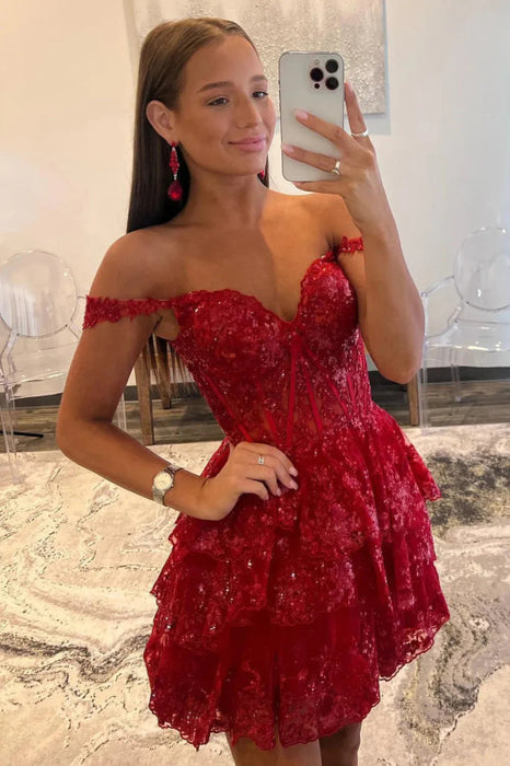 Sparkly Fuchsia Tiered Lace A-Line Short Homecoming Dress