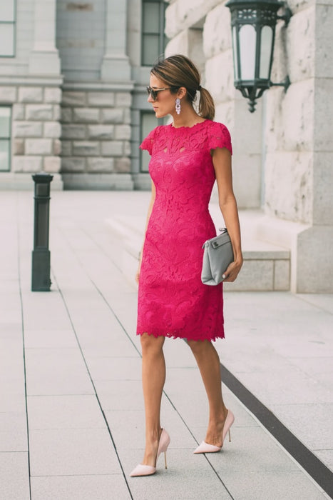 Fuchsia Lace Formal Dresses Knee Length Mother of the Bride Dress Cap Sleeves