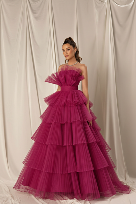 Fuchsia Strapless Mermaid Evening Gown with Layers and Sleeveless Design
