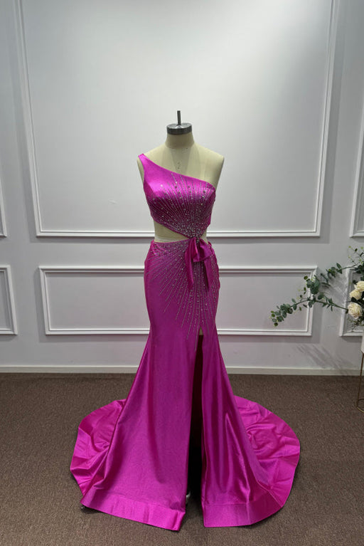 Fuchsia One Shoulder Sequins Sleeveless Mermaid Prom Dress - Prom Dresses