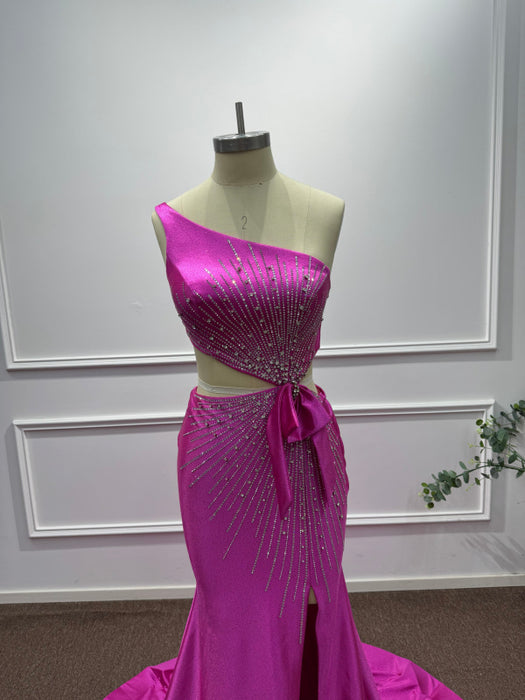 Fuchsia One Shoulder Sequins Sleeveless Mermaid Prom Dress - Prom Dresses