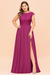 Fuchsia Plus Size Bridesmaid Dress Lace with Split Cap Sleeves Chiffon Wedding Guest Dress