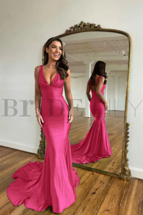 Fuchsia Prom Dress with Wide Shoulder V Neck Long Mermaid with Bead Embellishments - Prom Dresses