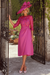 Fuchsia Floral Round Neck Satin Midi Mother Of The Bride Dress with Sleeves
