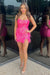 Sparkly Fuchsia Sequined Tight Short Homecoming Dress with Feathers