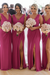 Fuchsia Simple V Neck Sleeveless Sheath Pleated Chiffon Bridesmaid Dress with Split