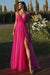 Fuchsia Spaghetti-Straps Tulle A-Line Prom Dress with Split