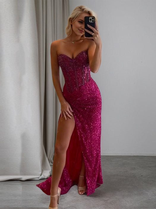 Strapless Sweetheart Sequins Bodycon Prom Dress with Beading