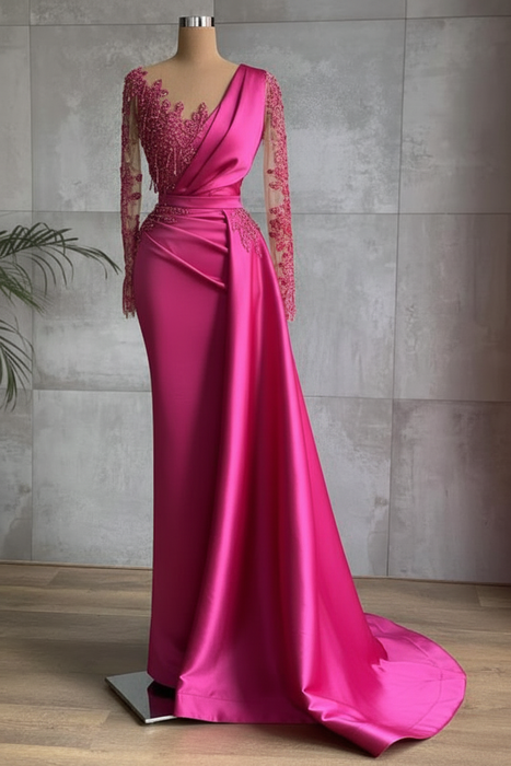 Fuchsia Stunning One Shoulder Mermaid Evening Gown with Side Cape - Prom Dresses