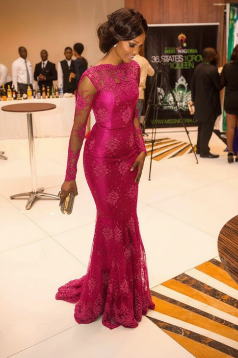 Fuchsia Trumpet/Mermaid High Neck Long Sleeves Applique Sweep/Brush Train Satin Dresses - Prom Dresses