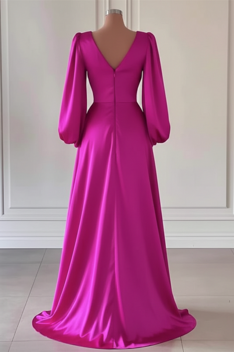 Fuchsia V-Neck Prom Dress Long Sleeves A-Line