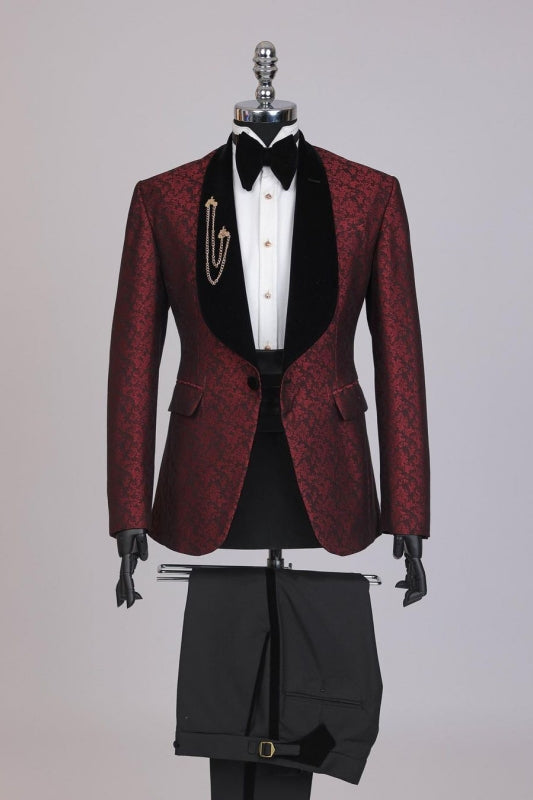 Gentle Burgundy Shawl Lapel Men's Wedding Suit With Jacquard main image 1