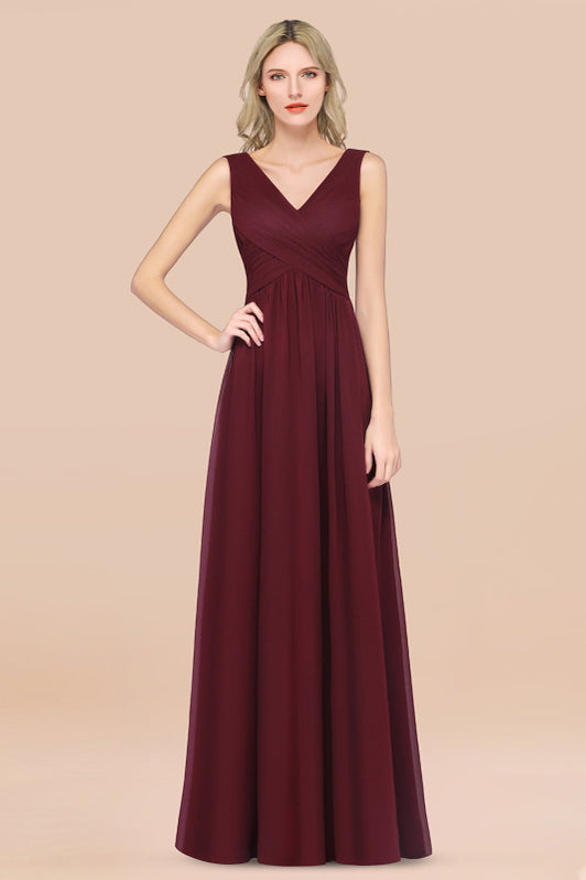 A Line Illusion V Neck Sleeveless Burgundy Chiffon Prom Dress With Appliques LBQ3019