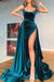 Glamorous Emerald Green Velvet Prom Dress with High Slit Trail
