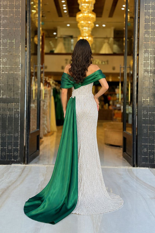 Glamorous Green Off-the-Shoulder Sequined Prom Dress with Slit