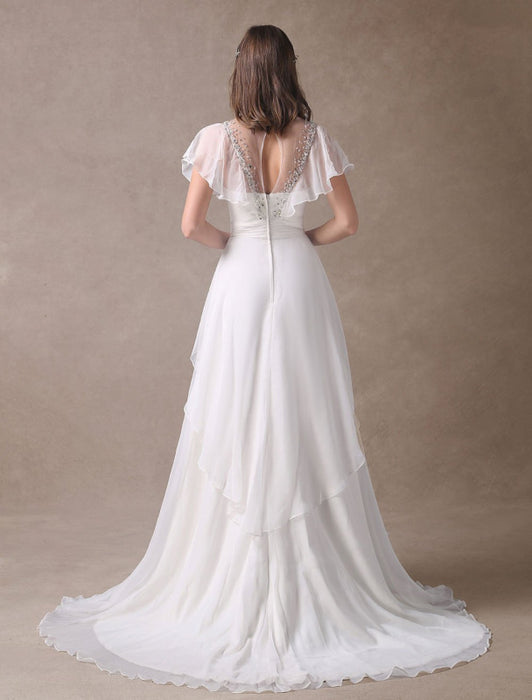 Glamorous Court Train Ivory Bridal Wedding Dress With Beading V-Neck misshow