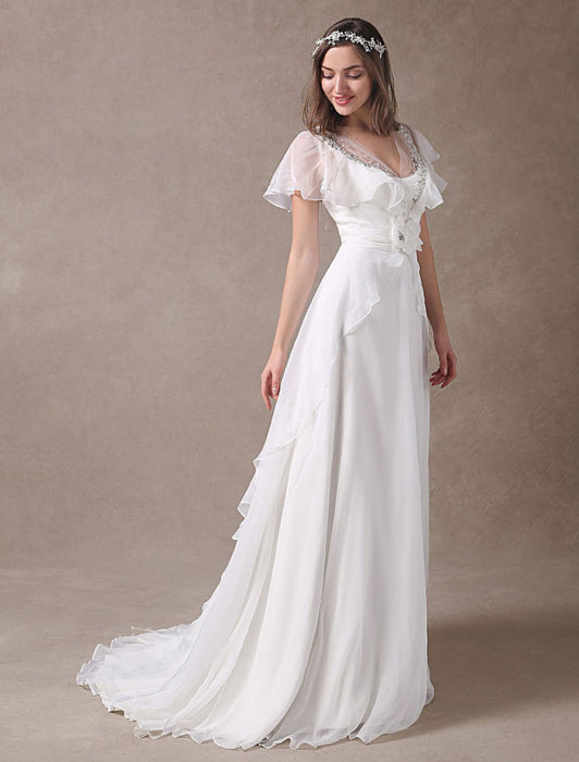 Glamorous Court Train Ivory Bridal Wedding Dress With Beading V-Neck misshow