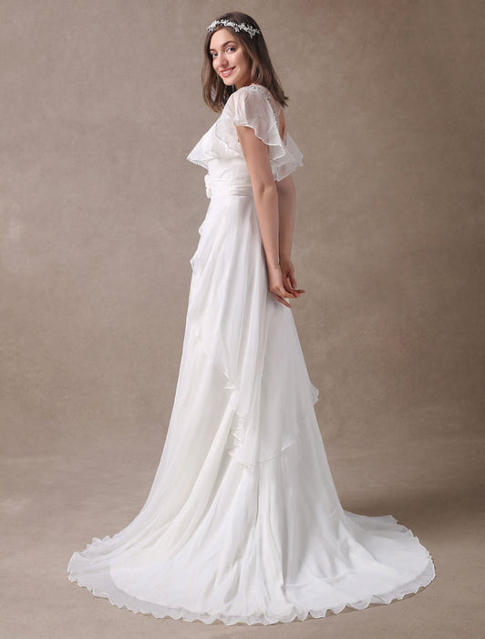 Glamorous Court Train Ivory Bridal Wedding Dress With Beading V-Neck misshow