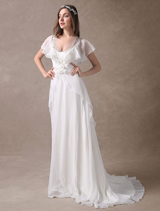 Glamorous Court Train Ivory Bridal Wedding Dress With Beading V-Neck misshow