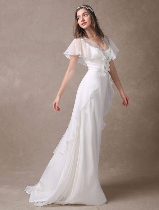 Glamorous Court Train Ivory Bridal Wedding Dress With Beading V-Neck misshow