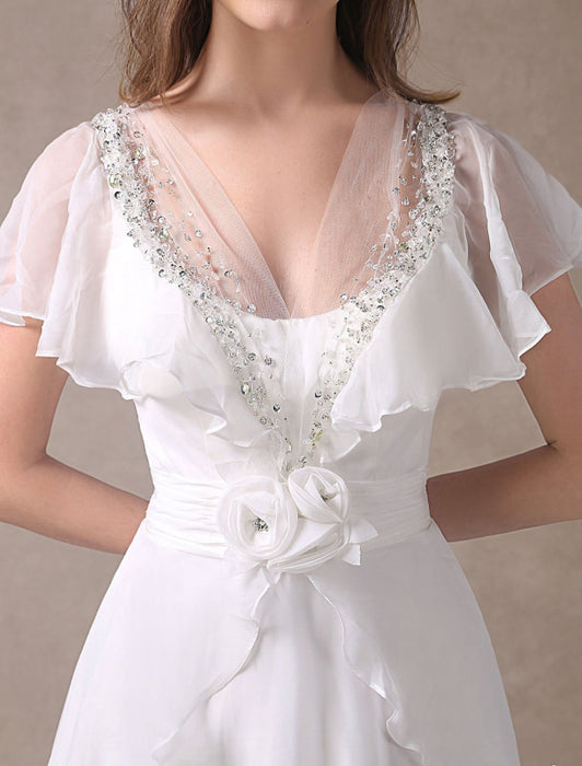 Glamorous Court Train Ivory Bridal Wedding Dress With Beading V-Neck misshow