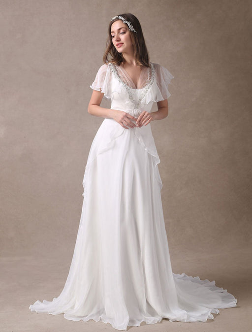 Glamorous Court Train Ivory Bridal Wedding Dress With Beading V-Neck misshow