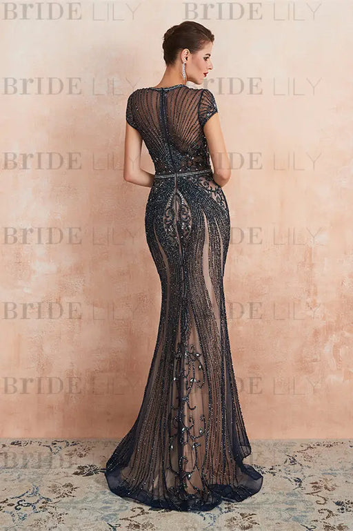 Glamorous Jewel Neck Short Sleeve Mermaid Prom Dress with Beadings