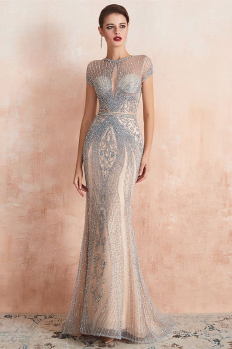 Glamorous Jewel Neck Short Sleeve Mermaid Prom Dress with Beadings