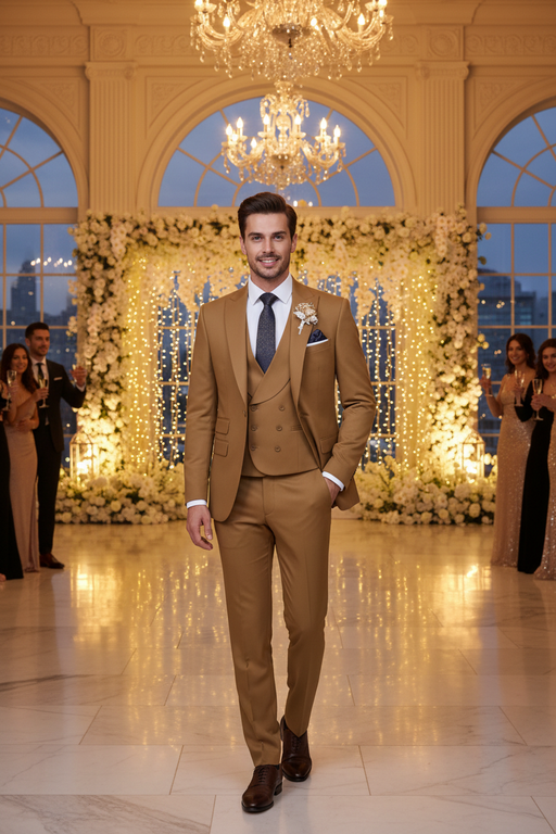 Glamorous Khaki Peaked Lapel Three Pieces Prom Suits