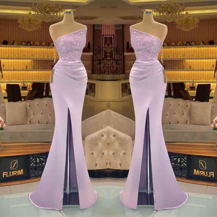 Glamorous Light Purple Mermaid Prom Dress with Sparkling Sequins and Thigh-High Slit