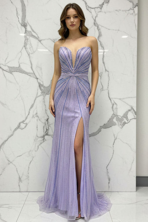 Glamorous Lilac Mermaid Beaded Long Prom Dress with Slit