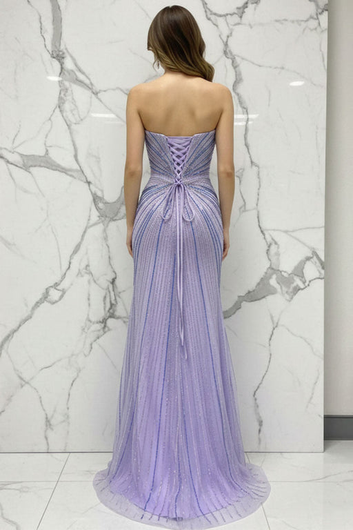 Glamorous Lilac Mermaid Beaded Long Prom Dress with Slit