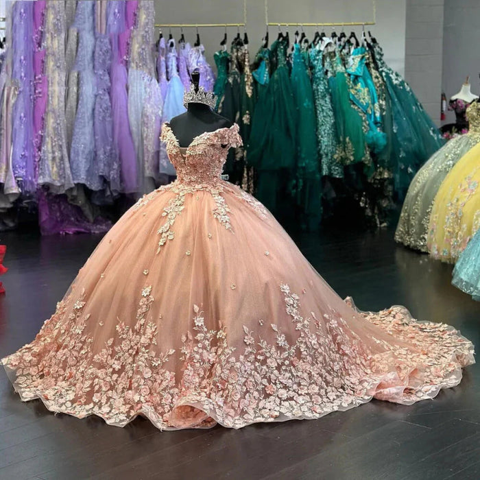 Glamorous Off-the-Shoulder Tulle Ball Gown Quinceanera Dresses with Floral Appliques - Prom Dresses