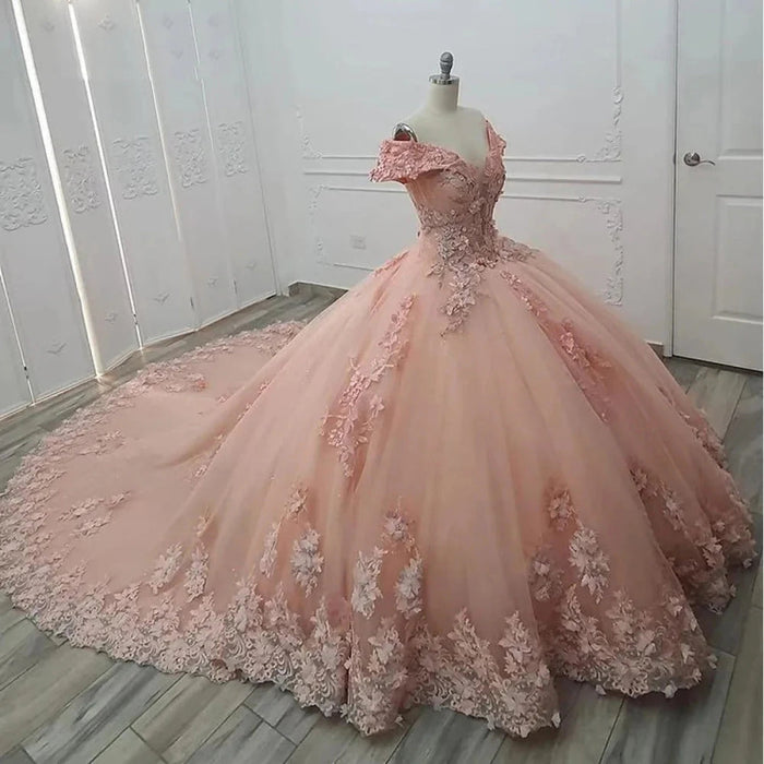 Glamorous Off-the-Shoulder Tulle Ball Gown Quinceanera Dresses with Floral Appliques - Prom Dresses