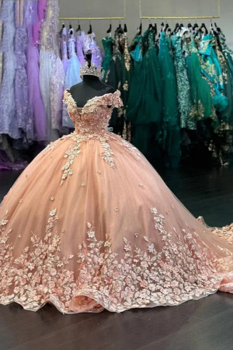 Glamorous Off-the-Shoulder Tulle Ball Gown Quinceanera Dresses with Floral Appliques - Prom Dresses