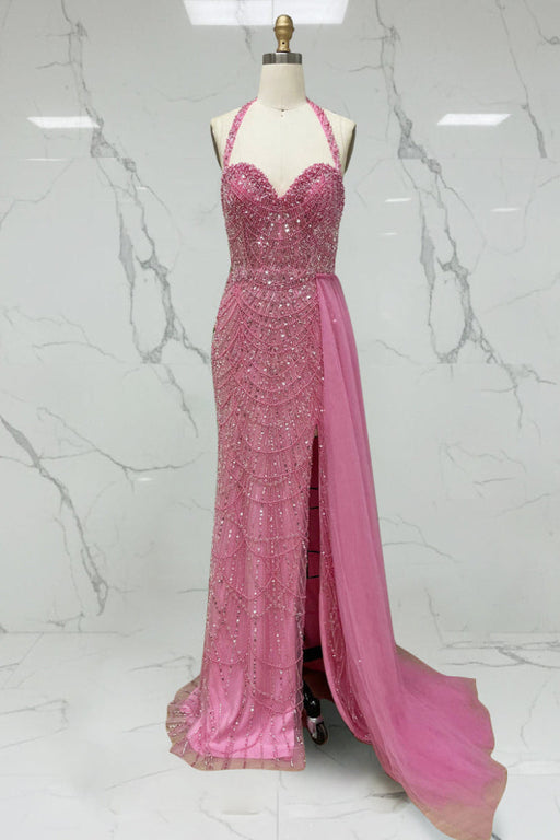 Glamorous Pink Halter Beaded Mermaid Prom Dress with High Slit