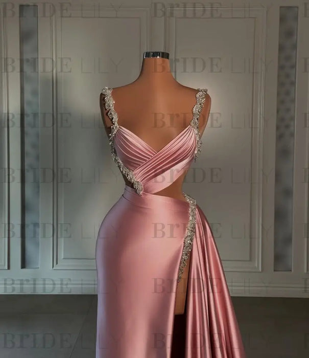 Pink Prom Dress: Sweetheart Spaghetti Strap with High Slit Trail - Glamorous