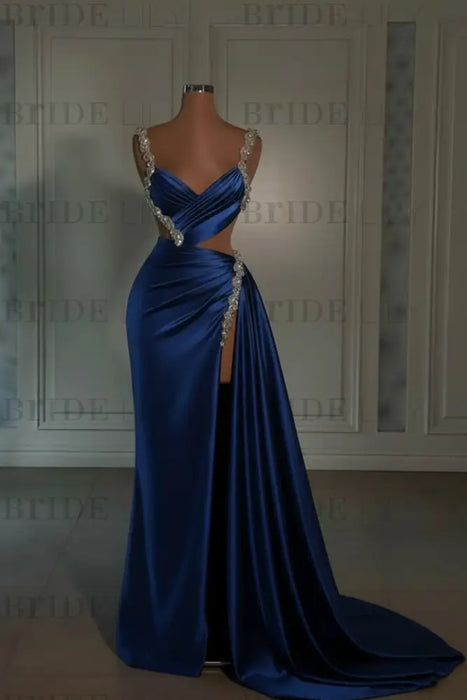 ocean blue prom dress sweetheart spaghetti straps with high slit