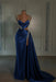 ocean blue prom dress sweetheart spaghetti straps with high slit