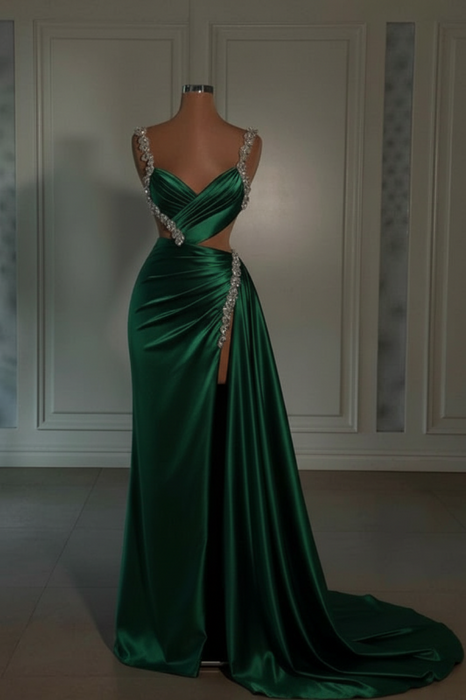 green prom dress sweetheart spaghetti straps with high slit
