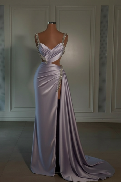 lavender prom dress sweetheart spaghetti straps with high slit