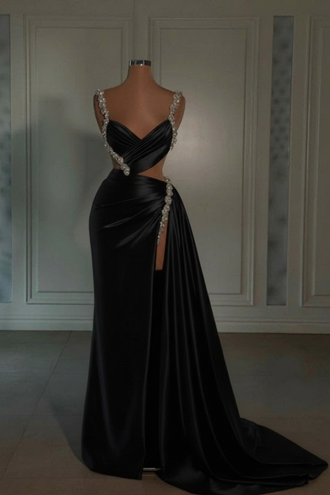 black prom dress sweetheart spaghetti straps with high slit