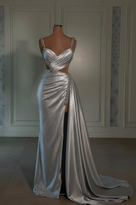 silver prom dress sweetheart spaghetti straps with high slit