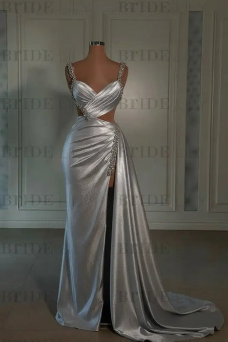 silver prom dress sweetheart spaghetti straps with high slit