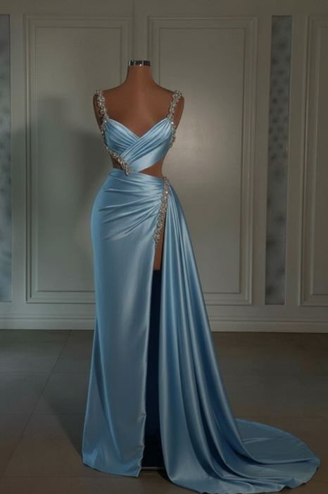 sky blue prom dress sweetheart spaghetti straps with high slit