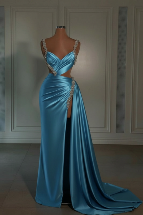 Pool prom dress sweetheart spaghetti straps with high slit