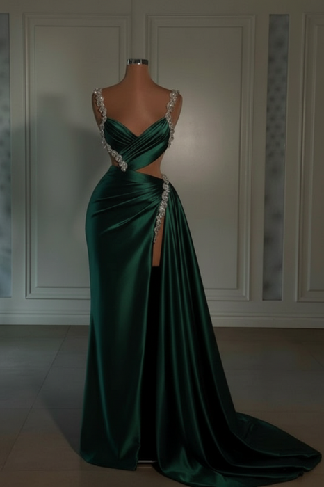 dark green prom dress sweetheart spaghetti straps with high slit